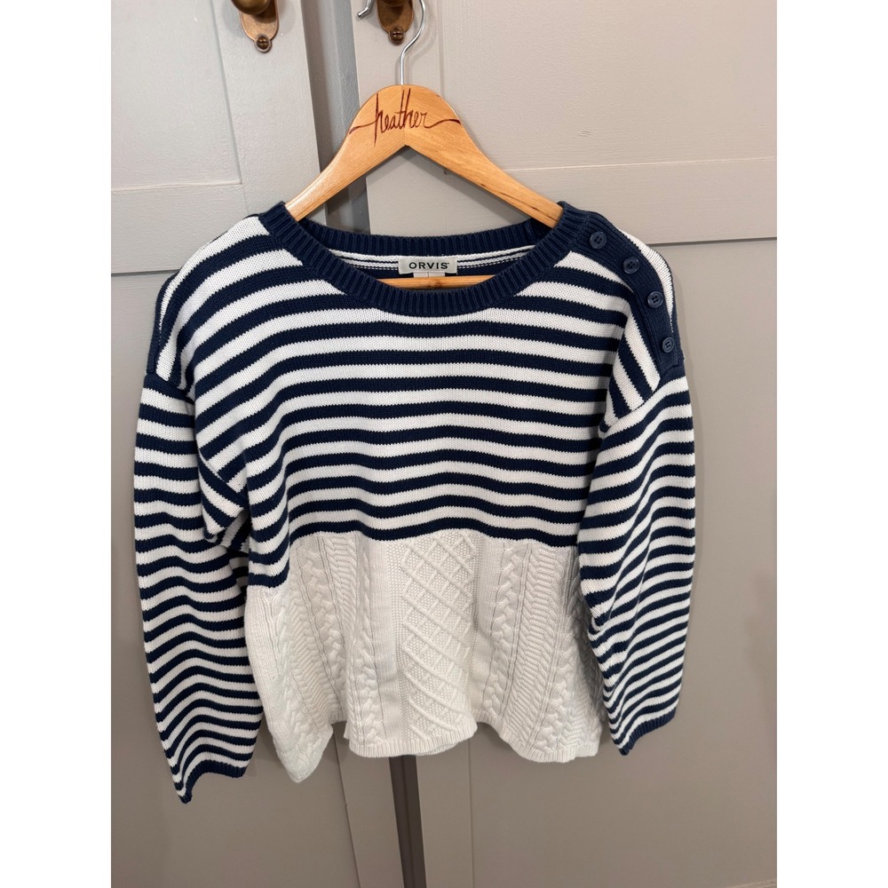 Orvis Womens Large Striped Cable Knit Sweater Navy Blue White Shoulder Buttons